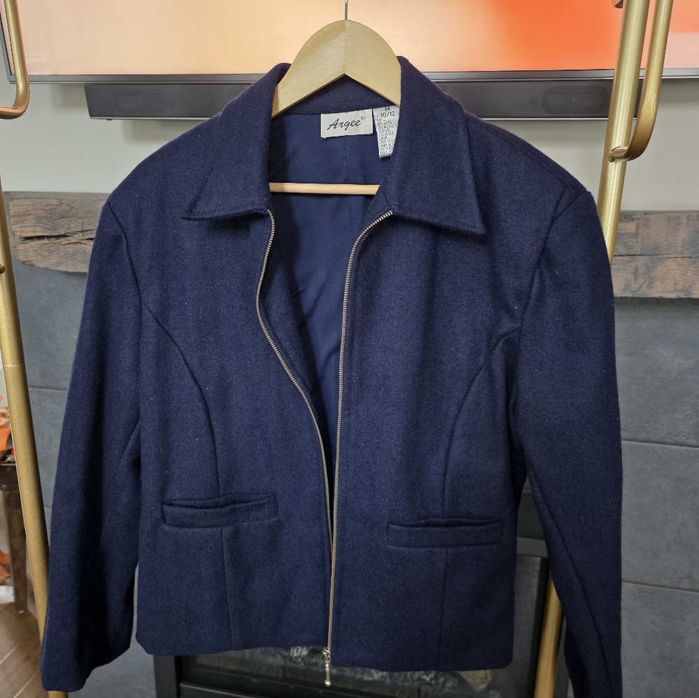 Women's Navy Wool And Polyester  Waist Length Jacket